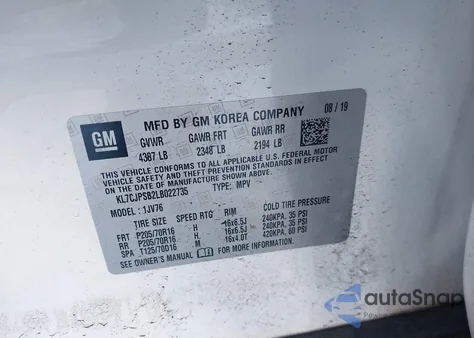 2020 Chevrolet Trax Awd Lt из США, поврежденный, VIN KL7CJPSB2LB022735